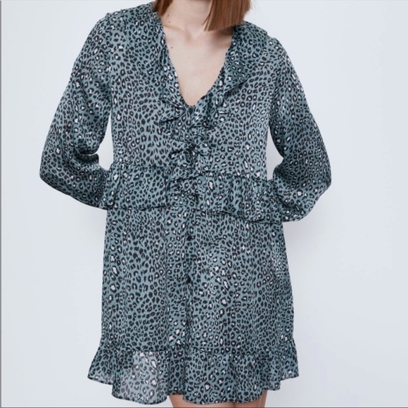 Zara Dress‎ Animal Print Blue Leopard Ruffle Women’s Size Small Cocktail Party - Picture 1 of 8